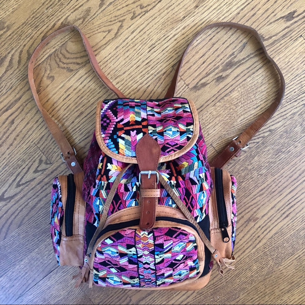 Boho handmade woven back pack partial leather trim